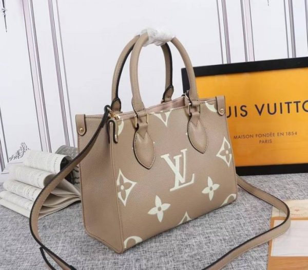 Replica Louis Vuitton Bicolor Monogram Empreinte Leather Onthego PM Bag In Tourterelle Gray And Cream - Image 2