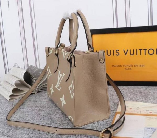 Replica Louis Vuitton Bicolor Monogram Empreinte Leather Onthego PM Bag In Tourterelle Gray And Cream - Image 3