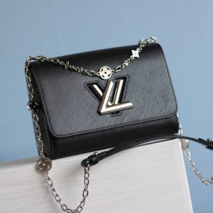 Replica Louis Vuitton Epi Leather Twist MM With Flowers Jewels Chain Bag In Black
