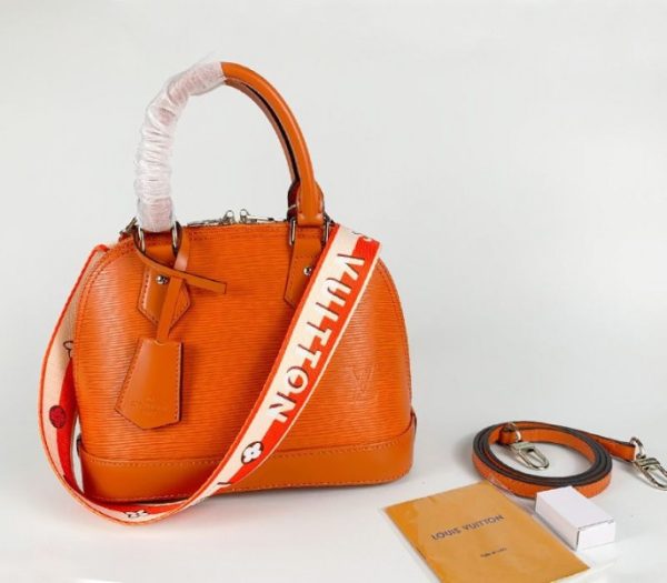 Replica Louis Vuitton Epi Leather Alma BB Handbag In Orange With Jacquard Strap
