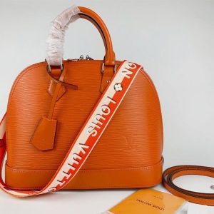 Replica Louis Vuitton Epi Leather Alma PM Handbag In Orange With Jacquard Strap