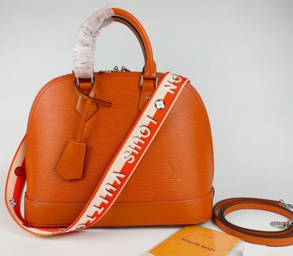 Replica Louis Vuitton Epi Leather Alma PM Handbag In Orange With Jacquard Strap