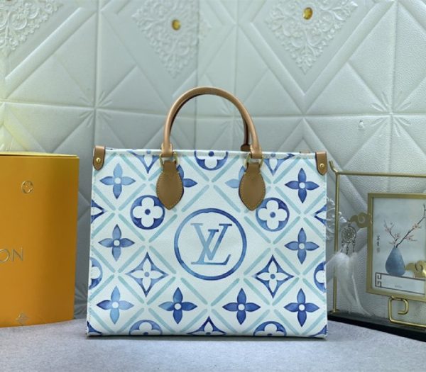 Replica Louis Vuitton LV By The Pool Monogram Tiles Canvas Onthego MM Tote In Lagoon Blue