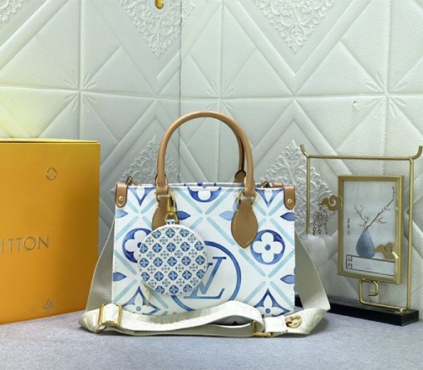 Replica Louis Vuitton LV By The Pool Monogram Tiles Canvas Onthego PM Tote In Lagoon Blue