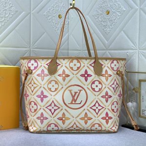 Replica Louis Vuitton LV By The Pool Monogram Tiles Canvas Neverfull MM Tote In Coral