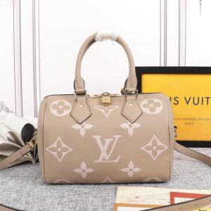 Replica Louis Vuitton Bicolor Monogram Empreinte Leather Speedy Bandouliere 25 Handbag In Tourterelle Gray And Cream