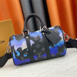 Replica Louis Vuitton Monogram Eclipse Keepall Bandouliere 25 Travel Bag In Blue And Purple Sunrise