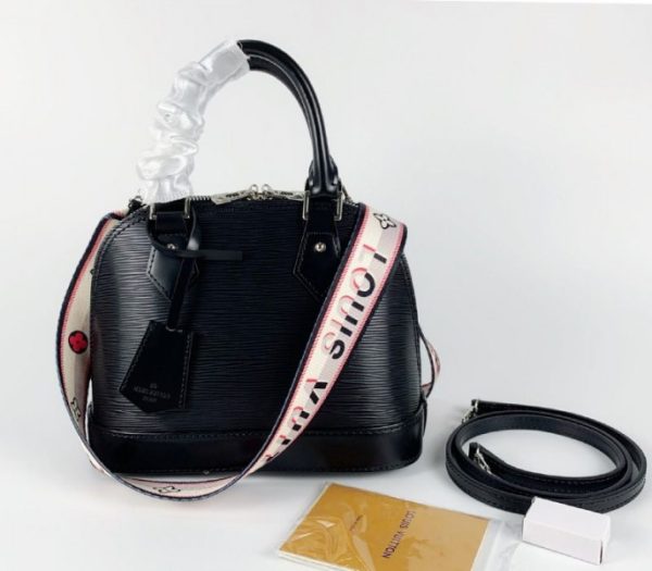 Replica Louis Vuitton Epi Leather Alma BB Handbag In Black With Jacquard Strap