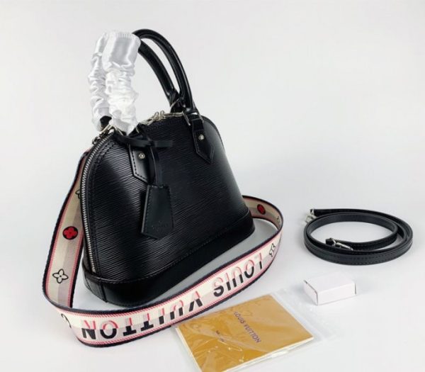Replica Louis Vuitton Epi Leather Alma BB Handbag In Black With Jacquard Strap - Image 3