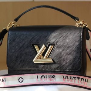 Replica Louis Vuitton Epi Leather Twist MM Bag Black With Jacquard Strap