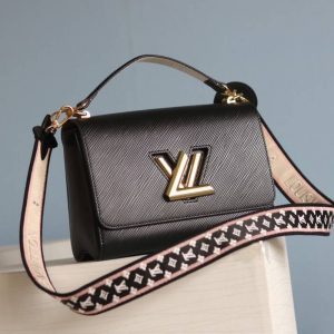Replica Louis Vuitton Epi Leather Twist MM Handbag In Black With Embroidered Strap