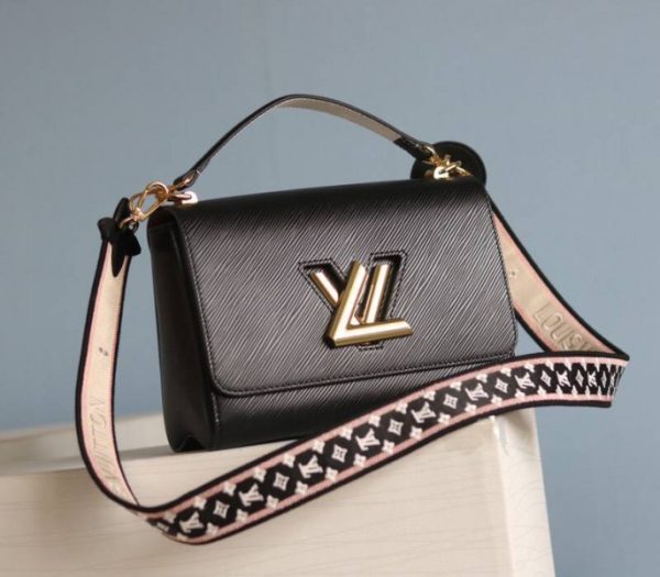 Replica Louis Vuitton Epi Leather Twist MM Handbag In Black With Embroidered Strap