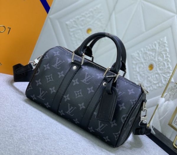 Replica Louis Vuitton Monogram Eclipse Canvas Keepall Bandouliere 25 Travel Bag - Image 2