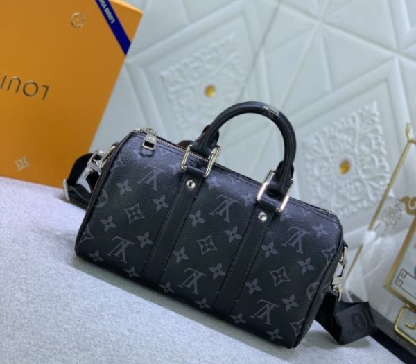 Replica Louis Vuitton Monogram Eclipse Canvas Keepall Bandouliere 25 Travel Bag - Image 3