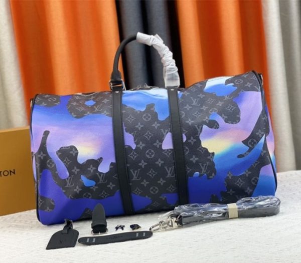 Replica Louis Vuitton Monogram Eclipse Keepall 55 Bandouliere Travel Bag In Blue Sunrise