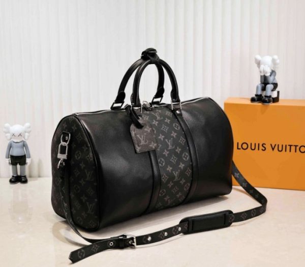 Replica Louis Vuitton Taiga Leather Keepall Bandouliere 50 Travel Bag In Black - Image 2