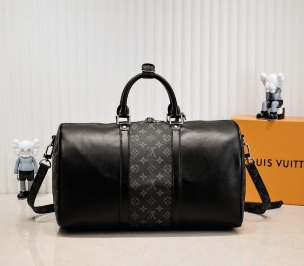 Replica Louis Vuitton Taiga Leather Keepall Bandouliere 50 Travel Bag In Black - Image 3