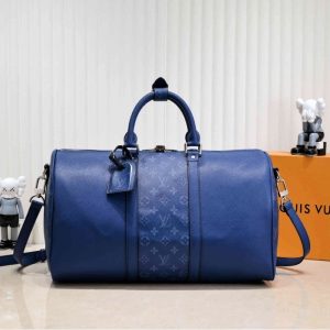 Replica Louis Vuitton Taiga Leather Keepall Bandouliere 50 Travel Bag In Navy Blue