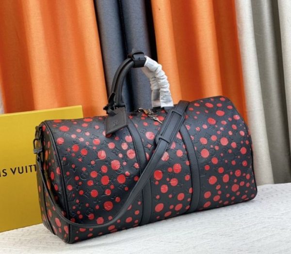 Replica Louis Vuitton X YK Bandouliere Keepall 50 Travel Bag In Red Infinity Dots - Image 2