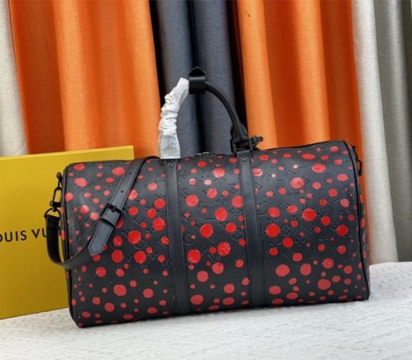 Replica Louis Vuitton X YK Bandouliere Keepall 50 Travel Bag In Red Infinity Dots - Image 3