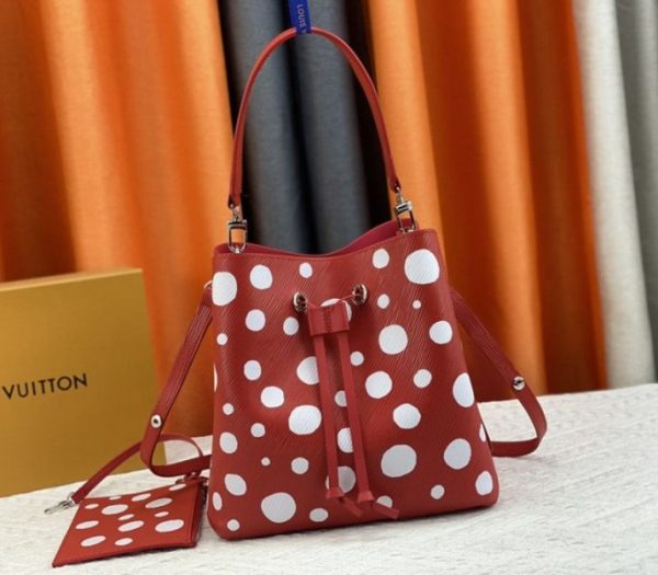 Replica Louis Vuitton X YK Epi Leather NeoNoe MM Red Bag In White Infinity Dots